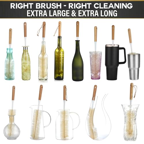 ALINK Extra Large Long Bottle Brush Set - 16" / 15" Long Bamboo Handle Bottle Cleaner for Narrow Neck Beer Wine Bottles, Decanter, Tumblers, Thermos, Jugs with Straw Brush, Kettle Spout/Lid Brush