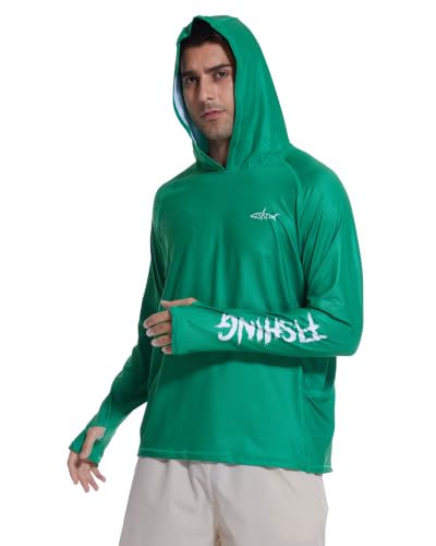 Men's UPF 50+ Fishing Hoodie Sun Shirt, Quick Dry Long Sleeve - color: Green, size: X-Large
