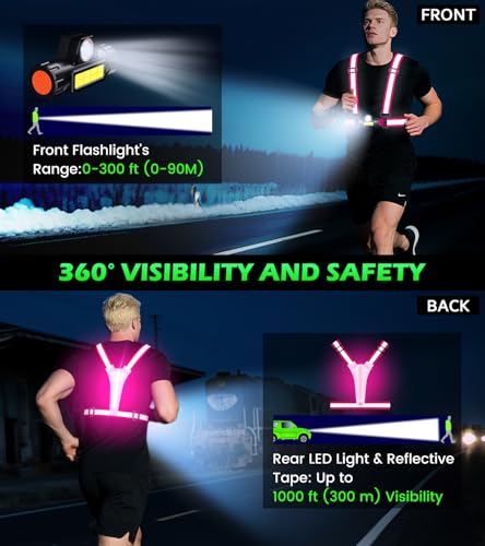 Running Lights for Runners,90°Adjustable LED Reflective Vest Running Gear,Rechargeable Chest Light Up Running Vest Night Walking Safety Gear for Night Walking/Cycling/Jogging - color: Pink