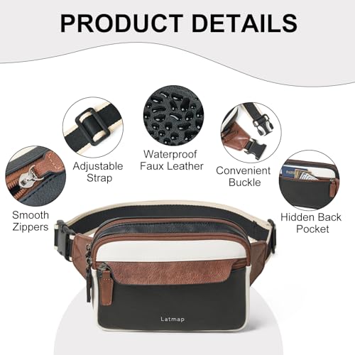 LATMAP 3L Fanny Packs for Women Cross Body Bag Vegan Leather Waist Belt Bag - color: Black and Brown with Beige