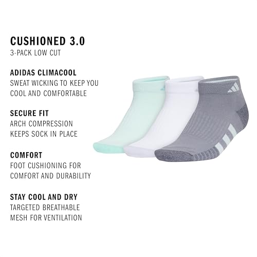 adidas Women's Cushioned Socks 3 Pairs - color: Halo Mint Green/White/Grey/3.0/Low Cut, size: Medium, style: Low Cut