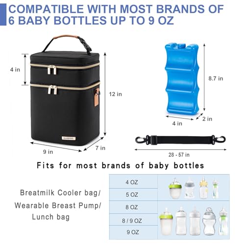 Breastmilk Cooler Bag with Ice Pack Fits 6 Baby Bottles Up to 9 Ounce, Double Deck Leak-Proof Baby Bottles Bag with Shoulder Strap for Nursing & Working Mom, - color: Black