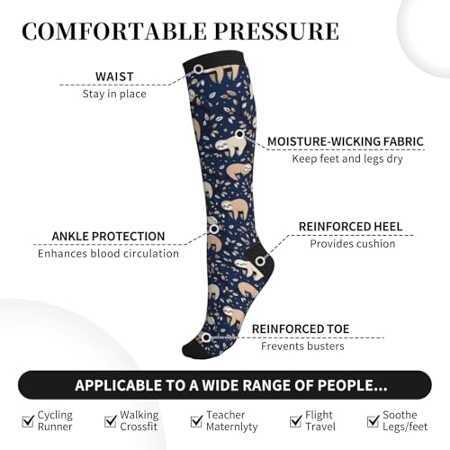 Patterned Knee High Socks for Women Men Athletic Running Travel Work - color: Sloth Tree Leaf Navy Blue