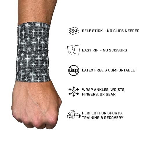 Self Stick Athletic Tape – 2” x 6.5 Yards – Latex-Free, Easy Rip Sports Wrap for Football, Baseball, Soccer, Wrist, Ankle, Finger & Injury Support (Faith Cross Black) - color: Faith Cross Black