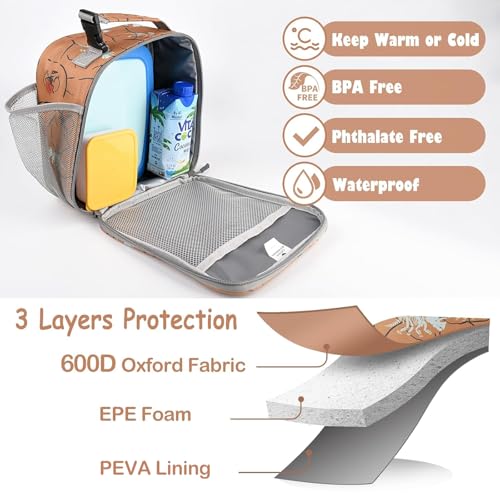 CaCTOUR Lunch Box Kids,Premium Insulated Lunch Bag for Girls Boys,Soft Bag Mini Cooler Back to School Thermal Reusable Lunch Bag for Work School Picnic (Brown Dino) - color: Brown Dino