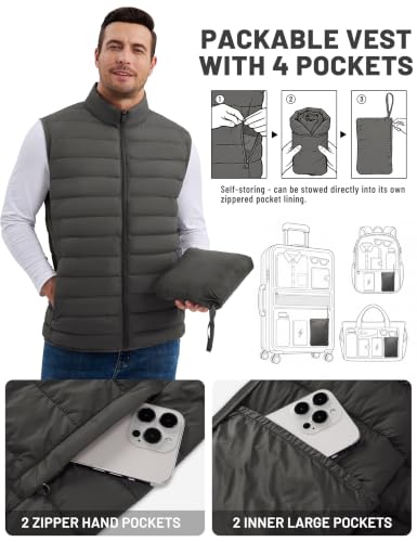 TACVASEN Men's Lightweight Packable Puffer Winter Warm Vests Outerwear - color: Dark Grey, size: Small