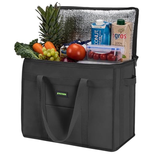 JUNGYOON Heavy-Duty Insulated Grocery Bags & Insulated Bag – Collapsible Cooler Bag with Zippered Top - color: 1 Pack-Black-27L, size: 16''x9''x12.5''
