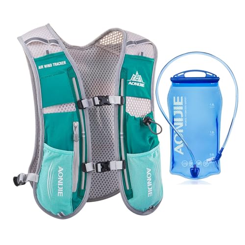 AONIJIE Running Vest Hydration Backpack 5L Unisex Trail Water Lightweight - color: Mint Green and 1.5L Bladder