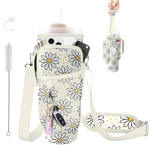 Water Bottle Carrier Bag for Stanley Cup 40/30oz, Neoprene Water Bottle Holder Pouch with 3 Pocket Adjustable Shoulder & Hand Strap - color: Daisy Polka Dots