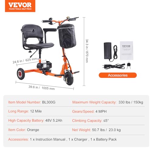 VEVOR 2025 Upgraded Lightweight Mobility Scooter for Adults & Seniors,50lb Foldable, FAA & Cruise Approved with 12 Mile Range & Removable Battery. Supports 330lbs