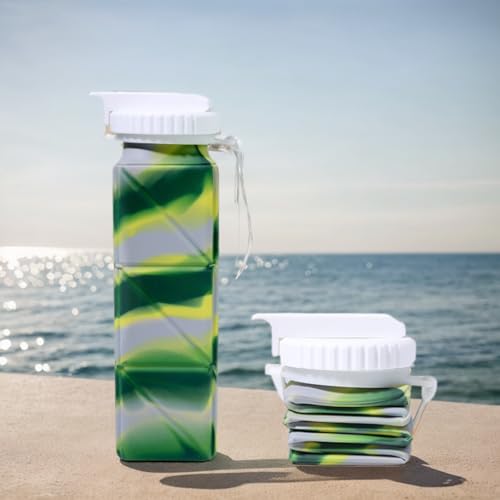 Collapsible Water Bottle with Anti-Collapse Ring Leak Proof Foldable Silicone Bottle for Travel Camping Hiking Running Sport (Grey Green)