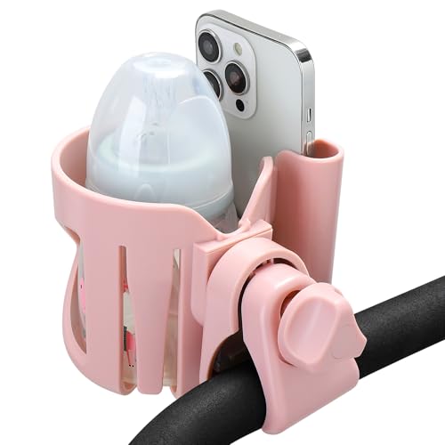 Accmor Stroller Cup Holder, Universal Cup Holder for Walker Wheelchair Bike Scooter, 360° Rotatable Stroller Cup Holder Attachment Walker Wheelchair Accessory - color: Cup Phone Holder-Pink