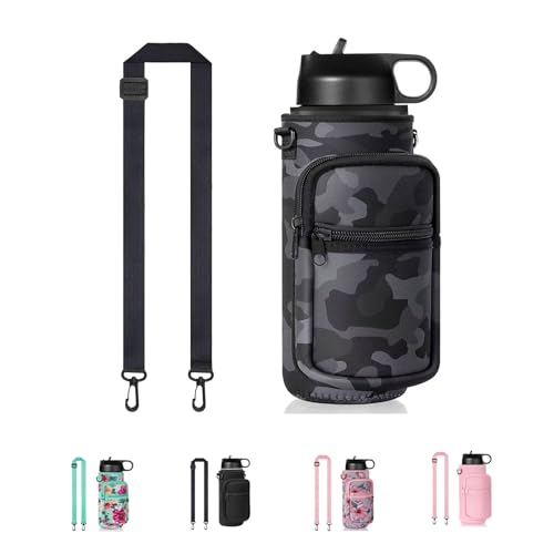 40oz Neoprene Water Bottle Sling with Phone Pocket, Crossbody - color: Camo Black, size: 32oz Short