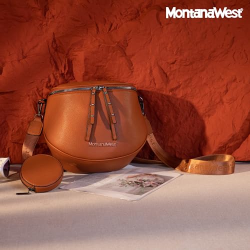 Montana West Crossbody Bag for Women, Vegan Leather Bum Bag with Coin Purse - color: Cognac