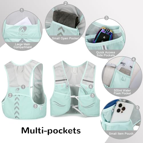 Hydration Running Vest with 2pcs 500ml/17oz Water Bottles, M/L - color: Green, size: M: 27.6" - 43.3"