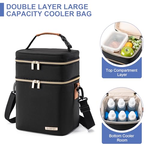 Breastmilk Cooler Bag with Ice Pack Fits 6 Baby Bottles Up to 9 Ounce, Double Deck Leak-Proof Baby Bottles Bag with Shoulder Strap for Nursing & Working Mom, - color: Black