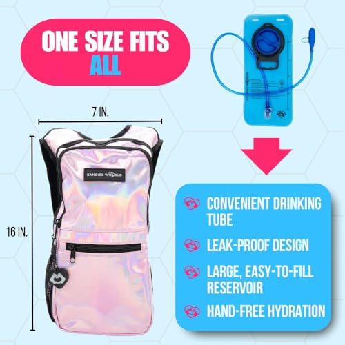 Kandies World Reflective Festival Hydration Pack - 2L Hydropack for Raves, Hiking, Biking, Running, and More (with Anti-Theft Pocket) - style: Pink Holographic
