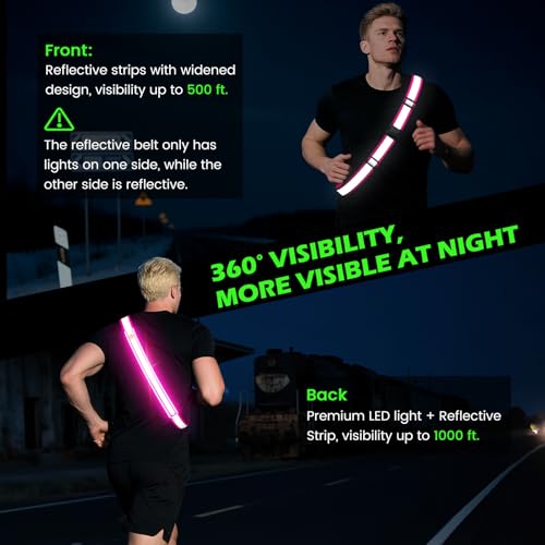 Reflective Sash Gear for Walking at Night,Flashing LED Reflective Belt Safety Lights for Walkers Night Dog Walking Biking Running,High Visibility Rechargeable With Wear 2 Ways for Men Women - color: Pink
