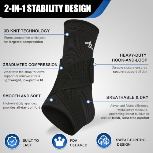 ABIRAM Ankle Brace Compression Sleeve with Adjustable Support Strap - color: Black, size: Large