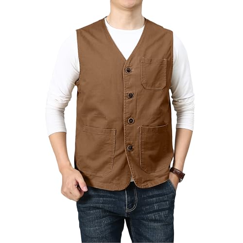 PRIJOUHE Mens Casual Cotton Vest Lightweight Outdoor Fishing Utility Vest - color: 02-brown, size: Small