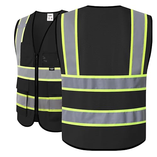 JKSafety Safety Vest for men women Hi Vis Vest with Pockets and Zipper High Visibility Reflective Vests BX320 - color: Black, size: X-Large