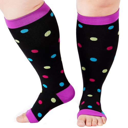 Abodhu Plus Size Compression Socks Open Toe Compression for Women& Men 15-20mmHg Wide Calf Knee High Toeless Compression Sock - color: Purple Dot, size: 3X-Large-4X-Large
