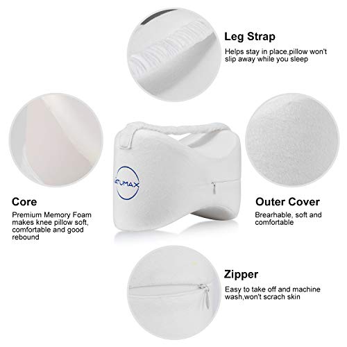 Knee Pillow for Side Sleepers Memory Foam with Strap for Pain Relief - color: White