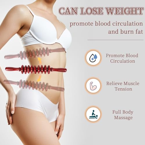 Liitrton Manual Wooden Massage Roller Stick for Muscle Relief, Red - size: 9-Wheel-Red