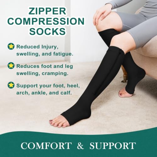 CTHH Zipper Compression Socks for Women and Men Toeless Knee High Stocking - color: Black, size: XX-Large