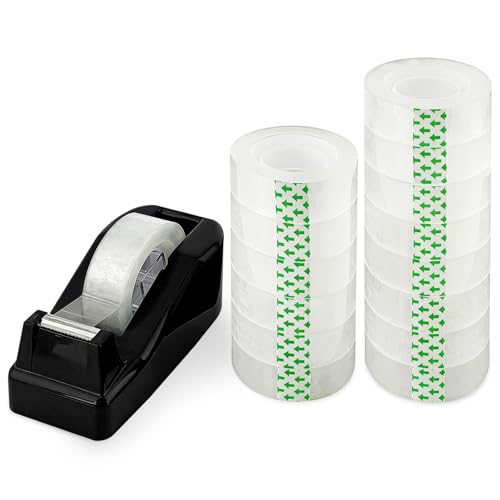 Desktop Tape Dispenser with 15 Rolls Transparent Tape, Black Desk Tape Dispenser for Home Office School, Tape and Dispenser Set for Light Duty Packaging Arts Crafts Note Repair Everyday Use