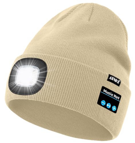 ATNKE LED Lighted Bluetooth Beanie Hat,USB Rechargeable 4 LED Wireless Music Running Headlamp Cap Gift for Men and Women - color: #Beige