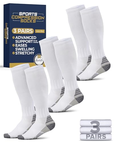 Pembrook 3 Pairs Compression Socks 20-30 mmHg - Compression Socks for Women and Men | Running, Athletic, Travel, Nurses - color: White - 3 Pairs, size: X-Large