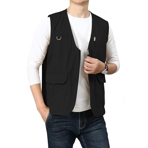 PRIJOUHE Mens Casual Cotton Vest Lightweight Outdoor Fishing Utility Vest - color: 04-black, size: XX-Large
