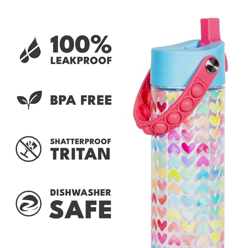 Elemental Splash 26oz Tritan Plastic Water Bottle with Straw & Pop-It Strap - color: Rainbow Heart, size: 26 Ounces
