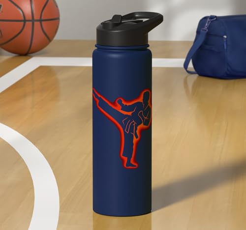 Taekwondo, Karate, Martial Arts, Boys Kids Men, Karate Kick Stainless Steel Insulated Water Bottle - color: Navy Blue