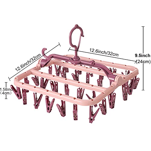 Foshine Clothes Drying Racks Foldable Clip Hangers Plastic with 32 Clips - color: Pink