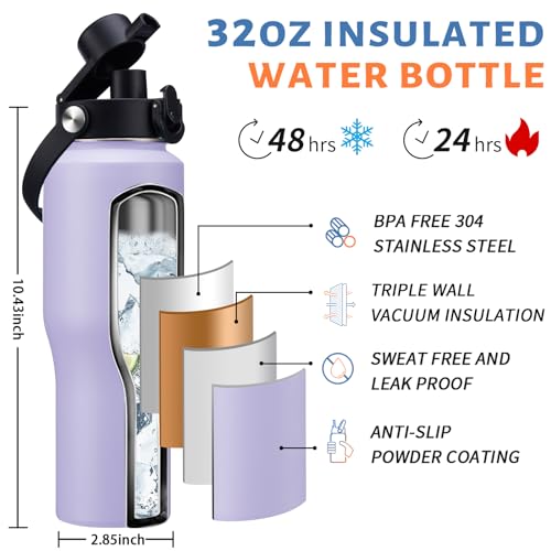 32oz Insulated Bottle with Straw - Spout Lid – Leak Proof Insulated Tumbler - color: Light Purple, size: 32 Ounces