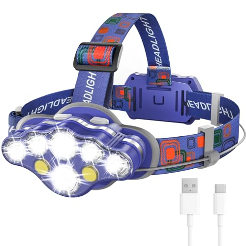 MIOISY 8 Led Headlamp Rechargeable, Super Bright Headlight Flashlight Blue - color: Blue