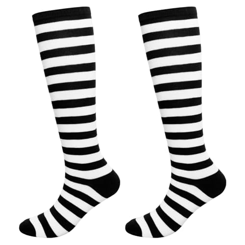 Gvhntk Knee High Striped Socks Long Thin Tube Sports Compression Socks Casual Stripe Tube Stockings for Running - color: Black and White