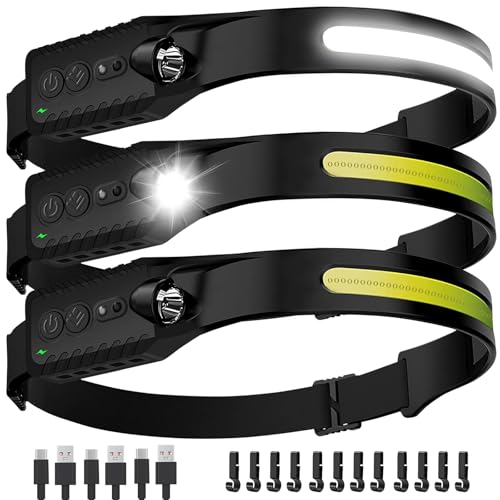 Headlamp Rechargeable (3-Pack), LED Head Lamp Flashlight, 230° Wide Beam Headband Light, 400 Lumen Super Bright, USB-C Rechargeable Lightweight Headlight for Running, Fishing, Hiking, Camping - color: Black