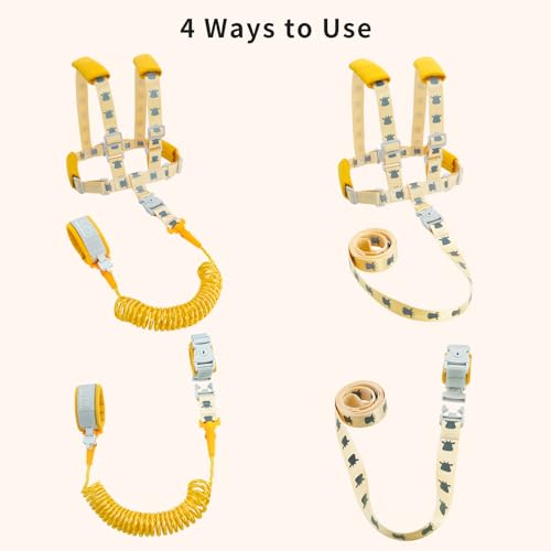 Toddler Leashes + Anti Lost Wrist Link for Kids, 4 in 1 Kid Harness Backpack Leash for Girls Boys, Reflective Kids Anti Lost Leash Cute Baby Harness Belt Strap Foldable Child Safety Leash for Park/Zoo - color: Yellow
