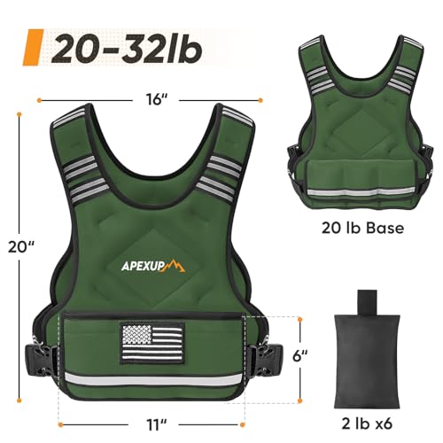 APEXUP Adjustable Weighted Vest, 4-10lb/12-18lb/20-32lb Vest with 6 Ironsand Weights and Large Pocket, Weight Vest for Men Women Strength Training, Running, Walking - color: Green, size: 20-32lbs