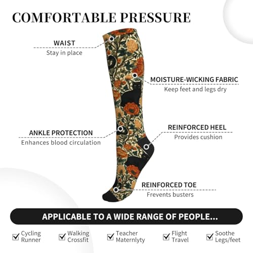 Cute Compression Socks Knee High Support Stockings Women Men - color: Black Cat Orange Flower