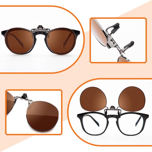 JO Polarized Clip-On Sunglasses UV400 Anti-Glare Lenses with Metal Frame Round - color: Brown, size: 52 mm