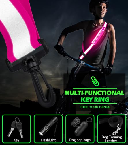 Ylzzrs LED Belt Reflective Sash for Walking at Night,High Visibility Adjustable Night Running Safety Gear,Light Up Running Belt Reflective Gear with Phone Bag/Armband for Runners Walkers Men Women - color: Pink