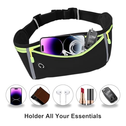 Slim Running Belt for Women Men,Runners Fanny Pack Phone Holder,Money Belt,Running Gear Accessories,with 3 Pockets (Green-black) - color: Green-black