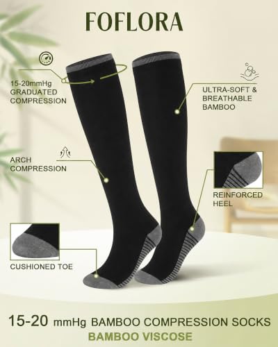 Bamboo Viscose Compression Socks|4Pairs 15-20mmHg Knee High Socks - color: 01-all Black, size: Small-Medium