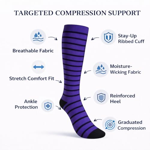 Diamond Star 6 Pairs Compression Socks for Men & Women, Knee High Socks - color: 6 Pairs (Purple/Black)