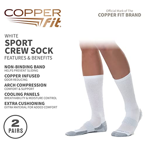 Copper Fit Unisex Crew Length Sport Socks, 2 Pair - color: White, size: Large-X-Large