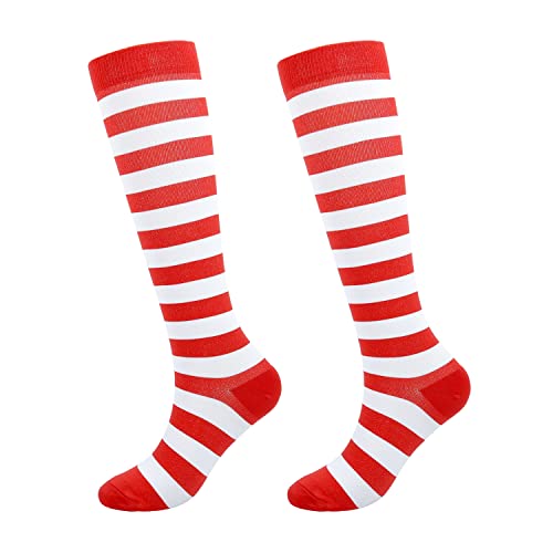 Junely Compression Socks for Women Knee High Striped Polka Dot Stockings - color: A1-red and White